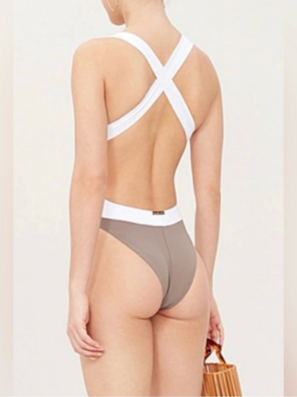 Women's Cross-Back One-Piece Swimsuit in Taupe and White